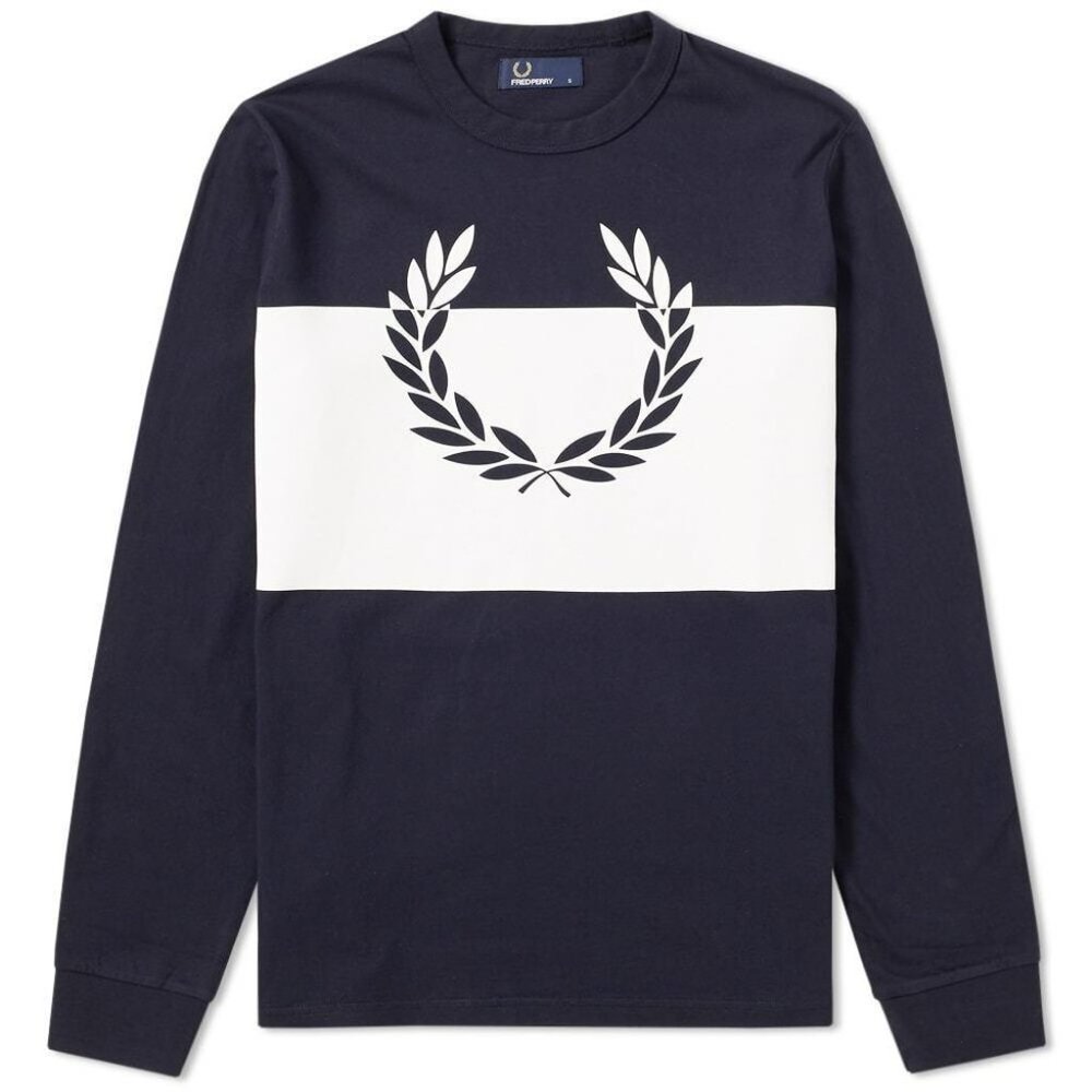 Fred Perry Men's X-Large Long Sleeve Laurel Wreath T-Shirt, Navy/White